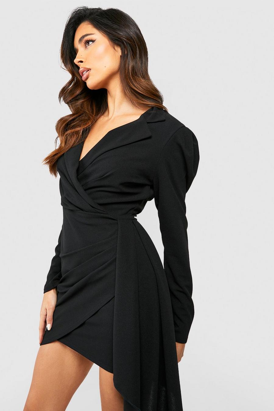 Black Rouched Drape Detail Blazer Dress