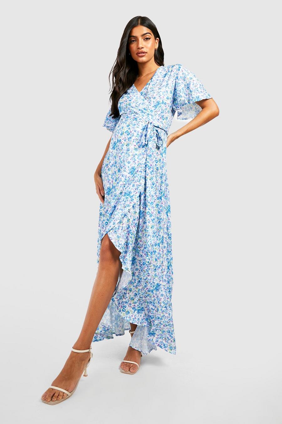 Blue Maternity Floral Ruffle Hem Maxi Dress