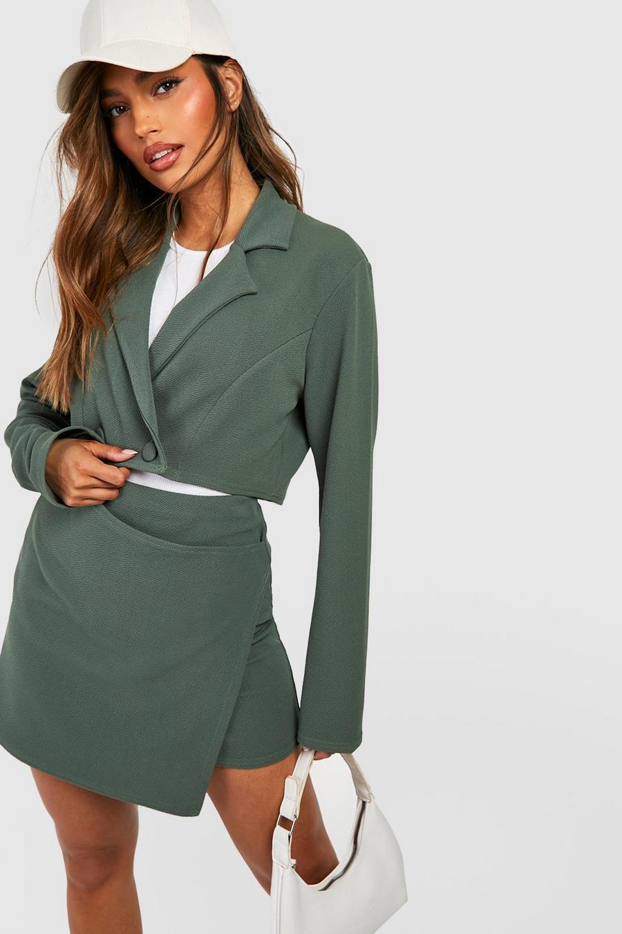 Khaki Basic Jersey Knit Asymmetric Wrap Front Mini Skirt