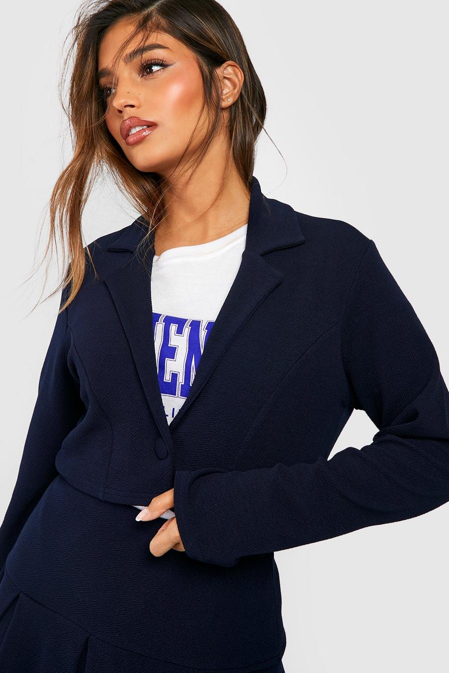 Navy Basic Jersey Button Front Cropped Blazer