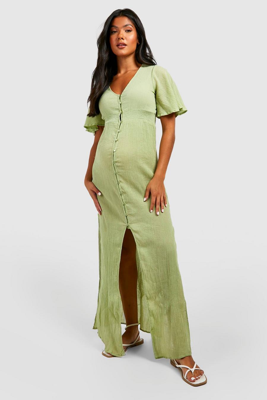 Sage Maternity Shirred Waist Beach Maxi Dress