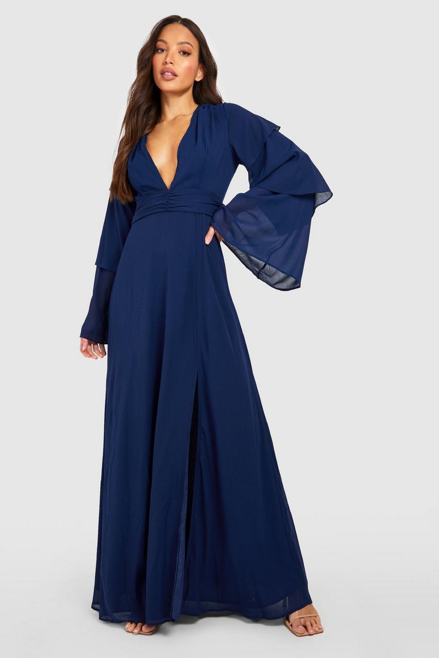 Navy Tall Bridesmaid Tiered Sleeve Occasion Maxi Dress