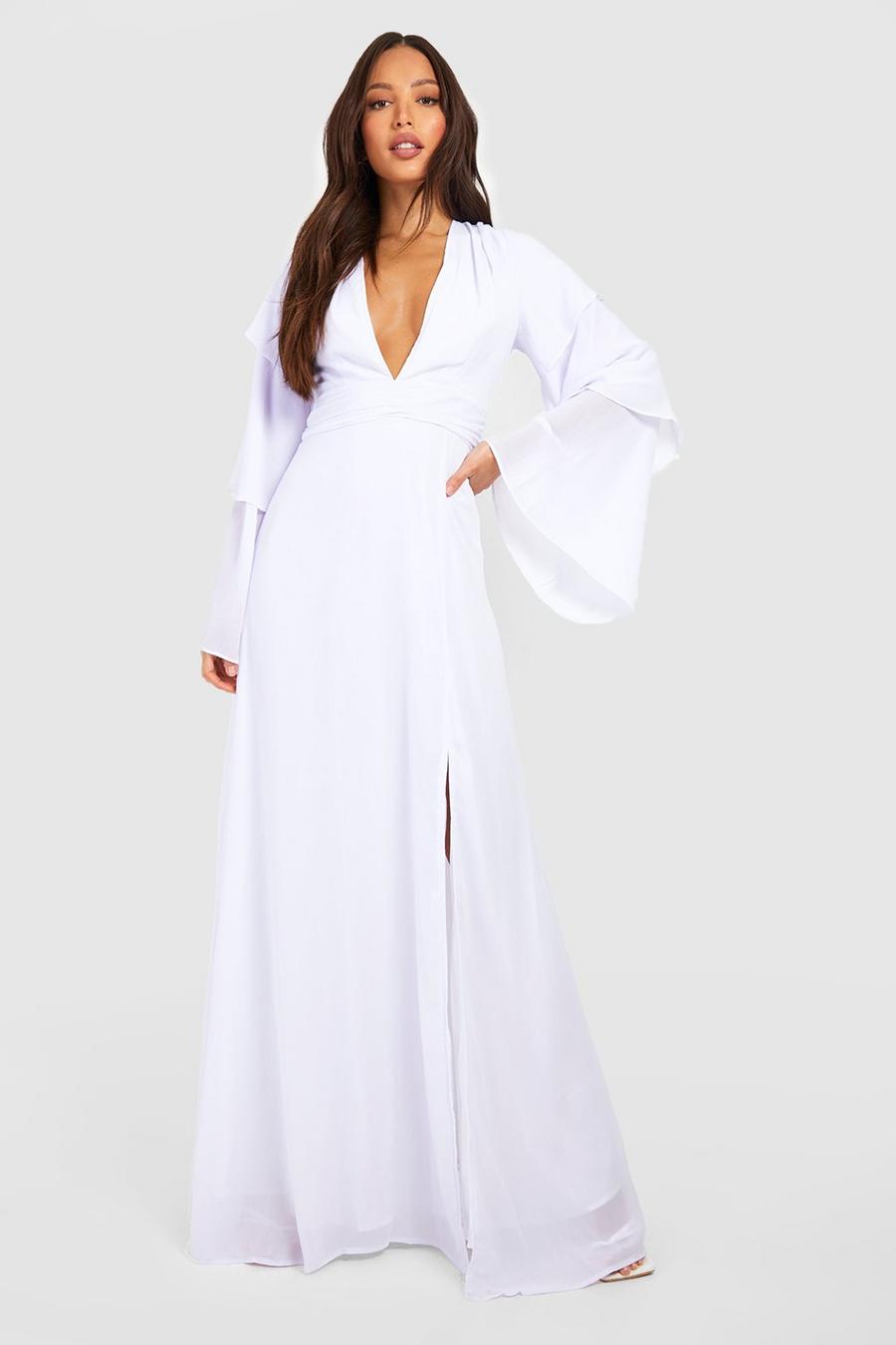 White Tall Bridesmaid Tiered Sleeve Occasion Maxi Dress