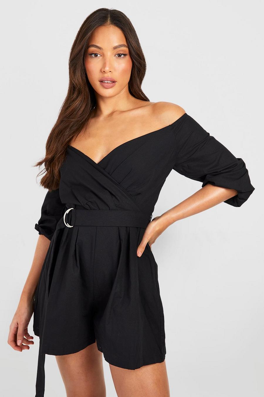Black Tall Linen Look Mix Off The Shoulder Belted Wrap Romper