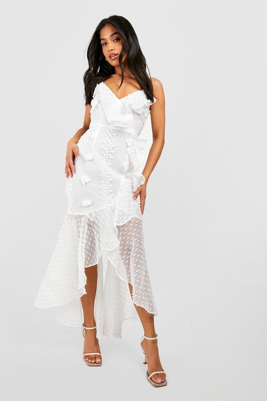 White Petite Premium Texture Ruffle Wrap Maxi Dress