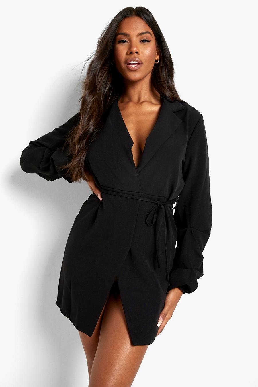 Black Ruched Sleeve Wrap Front Blazer Dress