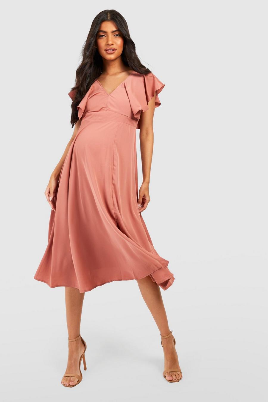 Baked coral Maternity Occasion Tie Back Frill Midi Dress image number 1