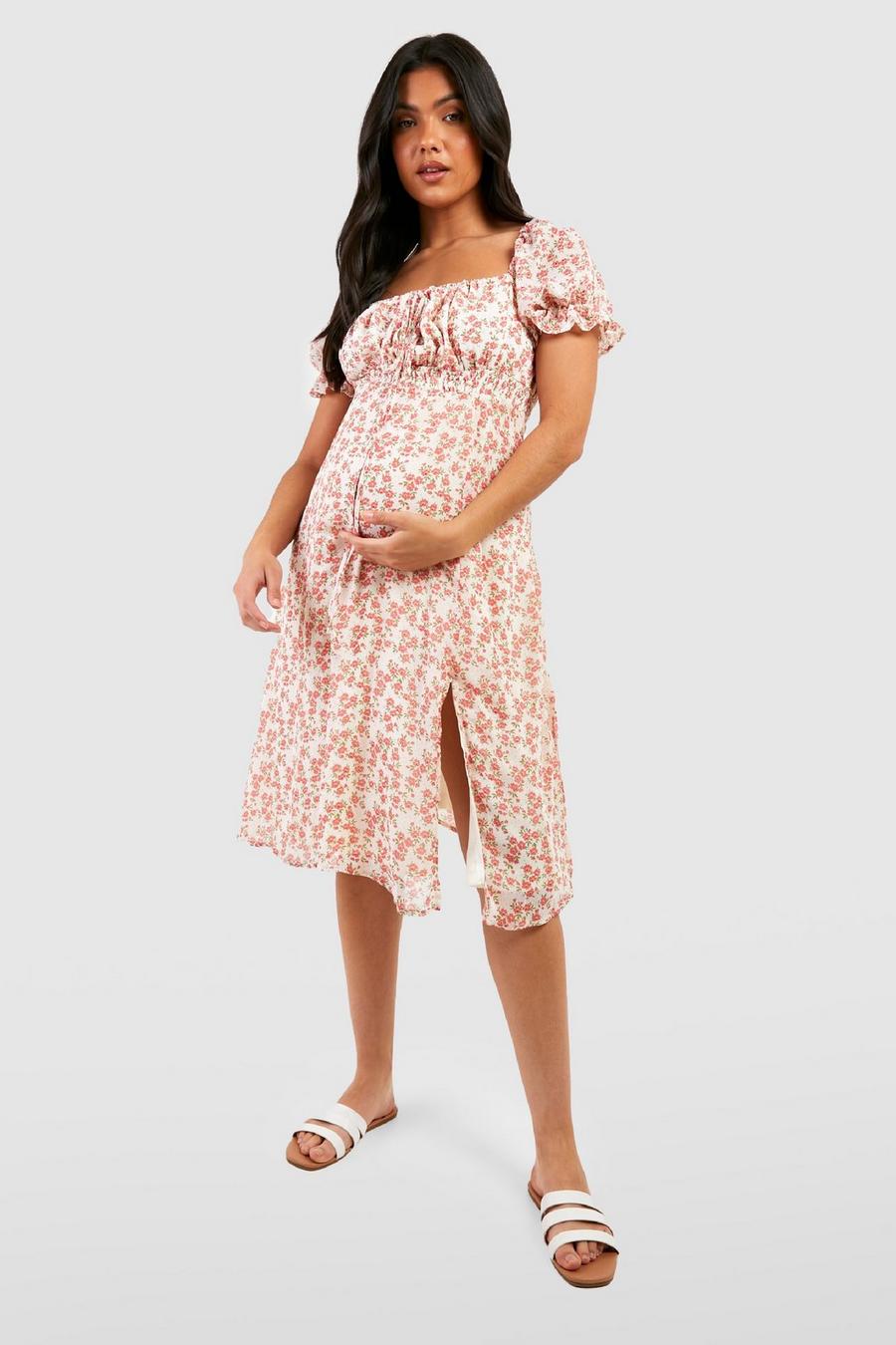 Maternité - Robe de grossesse patineuse fleurie, Pink