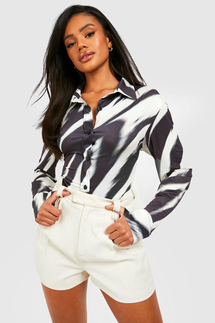 Black Strakke Getailleerde Zebraprint Blouse Met Print