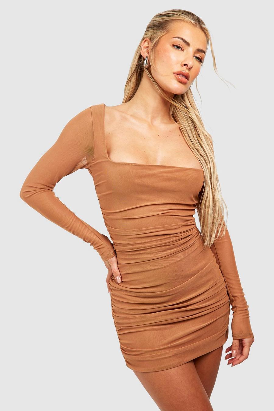 Camel Square Neck Ruched Mesh Bodycon Dress