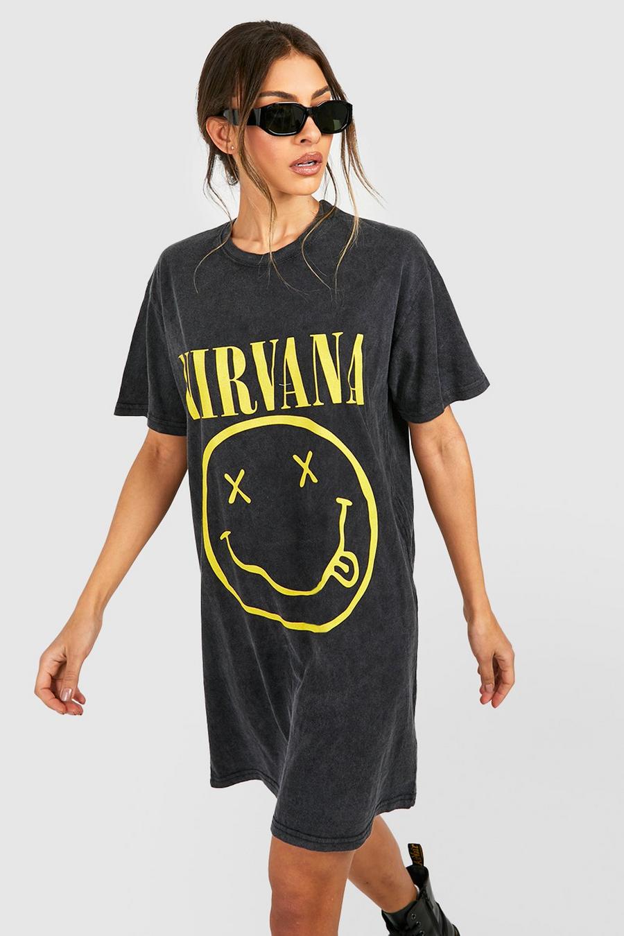 Black Acid Wash Gebleekte Nirvana Smiley T-Shirtjurk Met Tekst