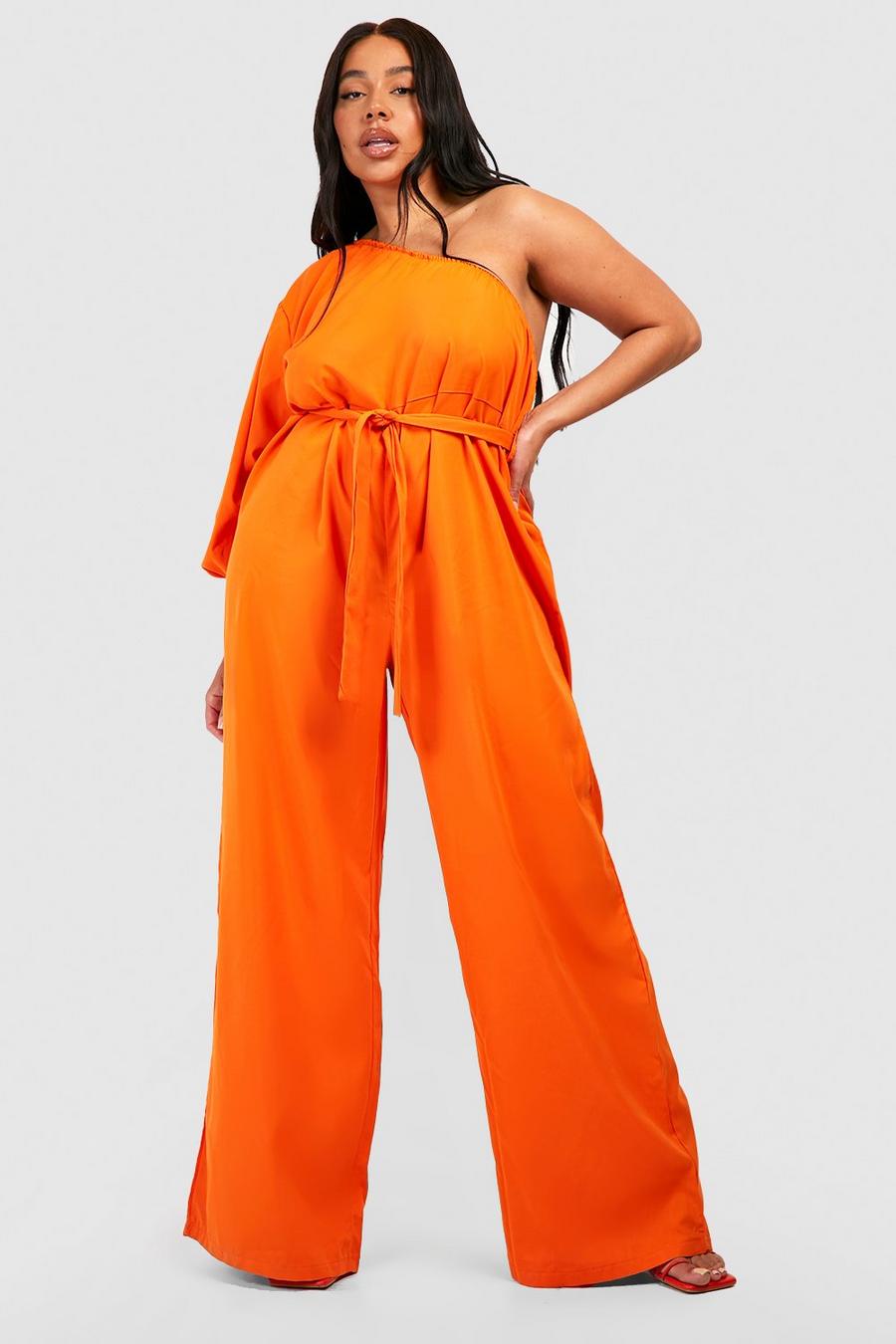Orange Plus Woven One Shoulder Belted Jumpsuit 