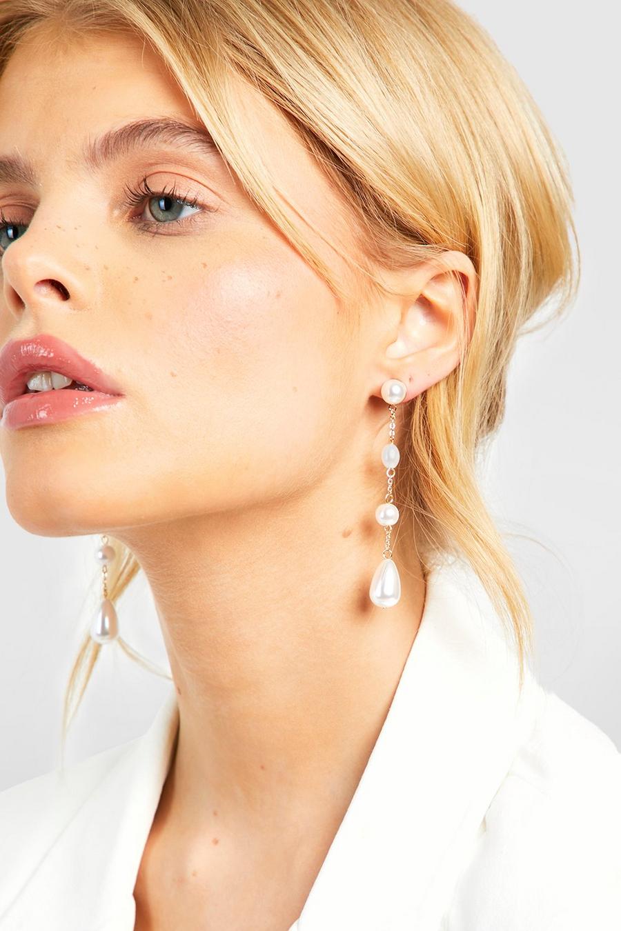 Boucles d'oreilles pendantes perlées, White image number 1