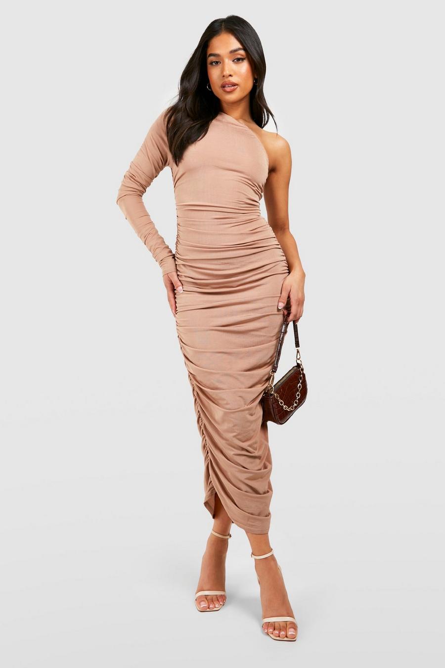 Stone Petite Asymmetric Ruched Midi Dress