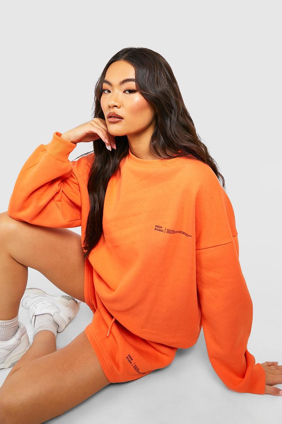 Orange Text Print Sweatshirt Short Tracksuit