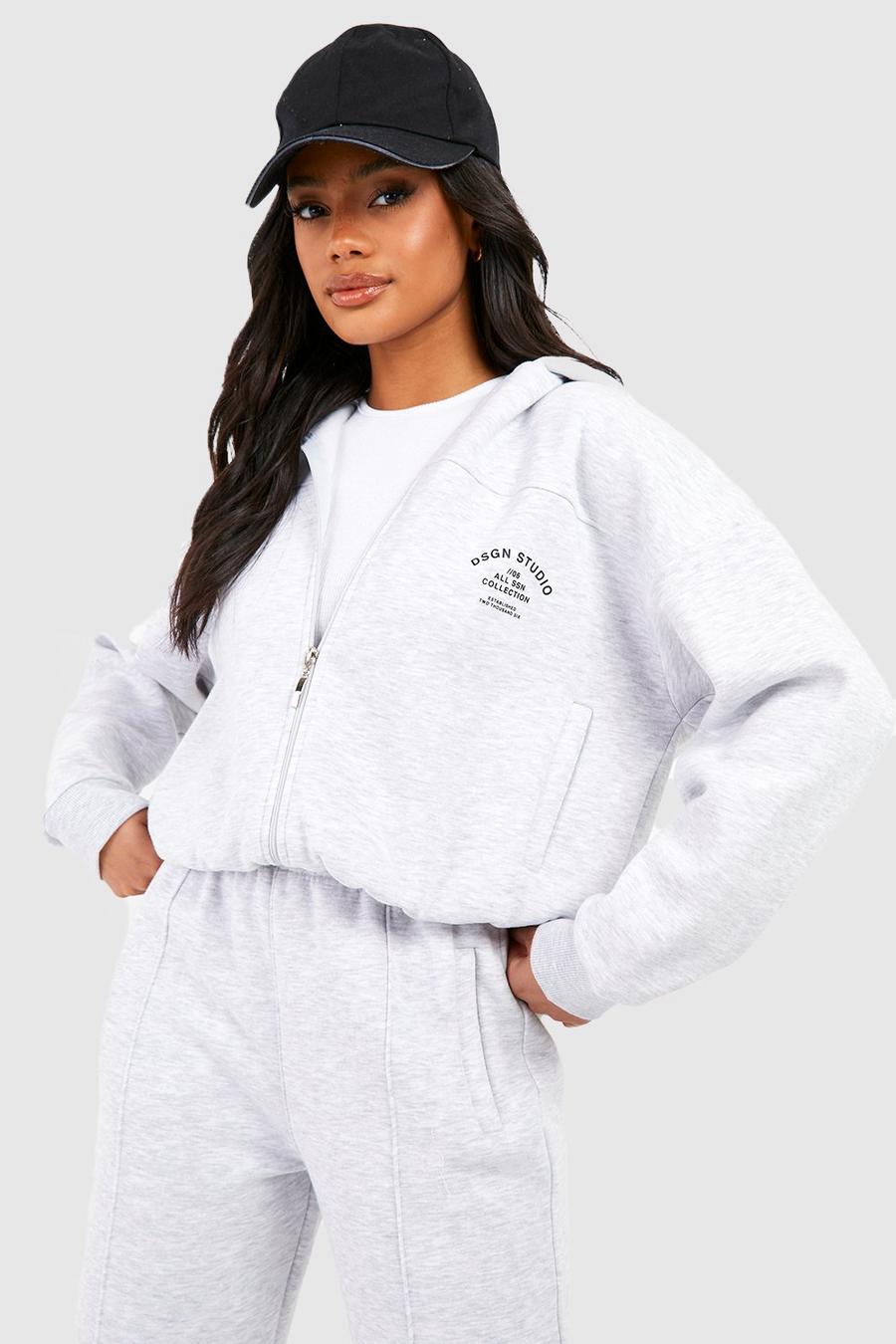 Ash grey Cropped Zip Through Hooded Tracksuit