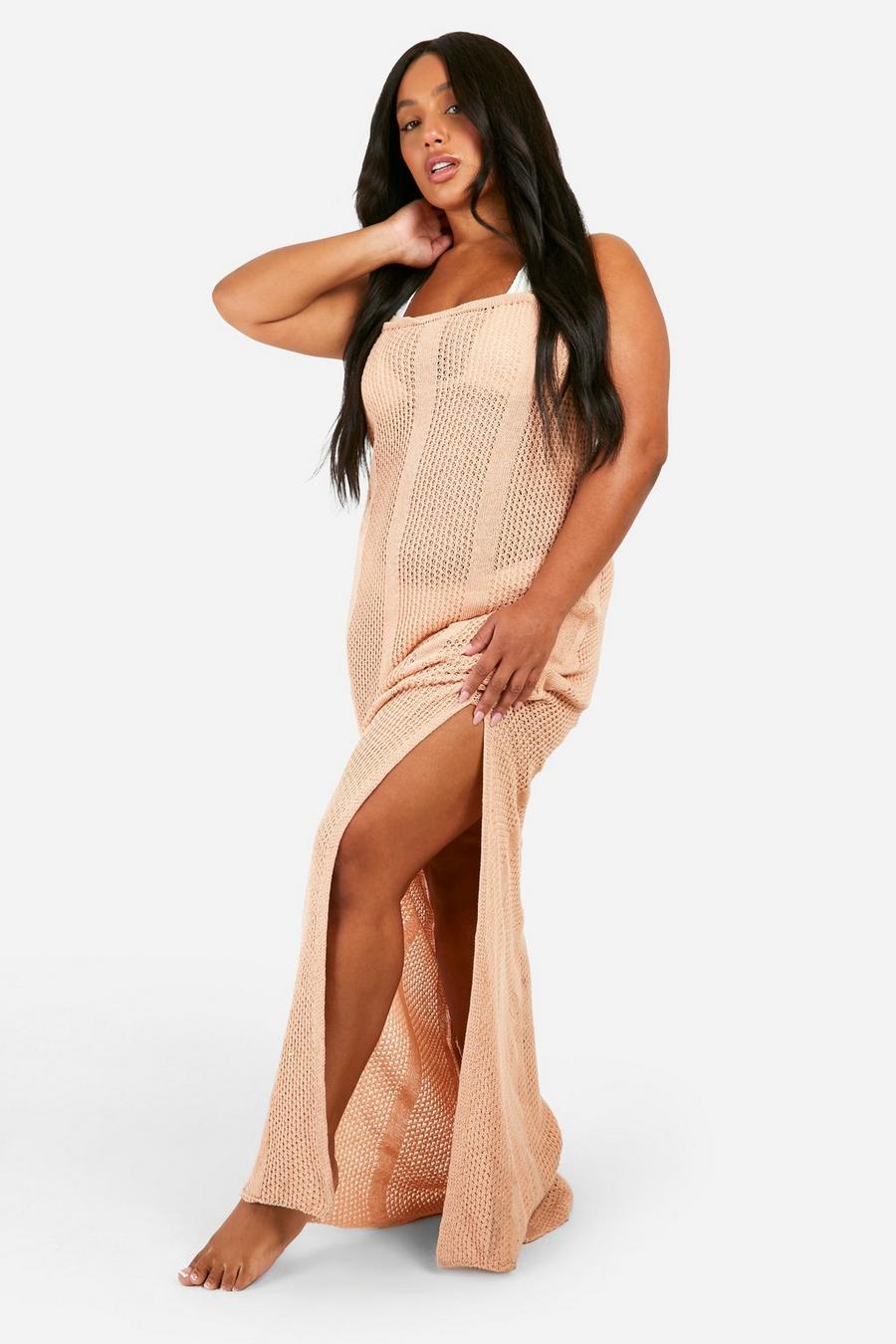 Camel Plus Crochet Knitted Maxi Beach Dress image number 1