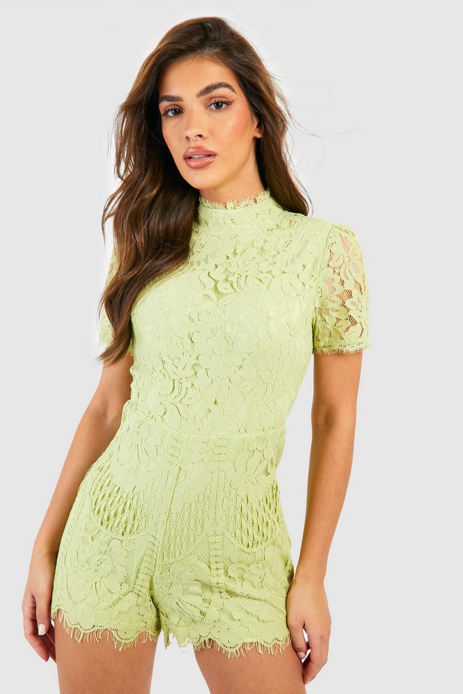 Hochgeschlossener gehäkelter Playsuit, Lime