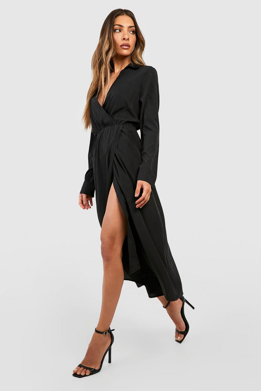 Black Wrap Midi Shirt Dress