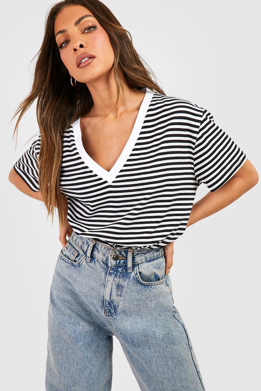 Black Stripe V Neck T-Shirt