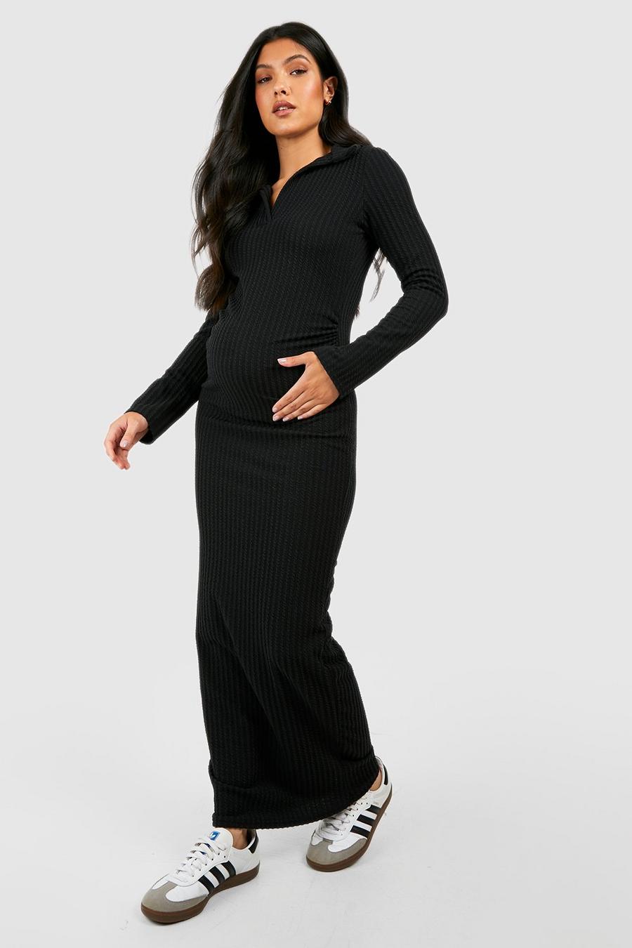 Black Maternity Textured Rib Collar Detail Maxi Dress