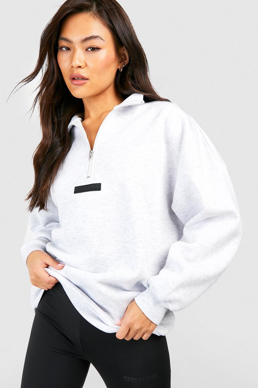 Oversize Sweatshirt mit Logo und halbem Reißverschluss, Ash grey