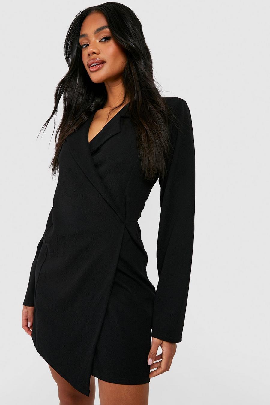 Black Jersey Knit Crepe Long Sleeve Wrap Front Blazer Dress