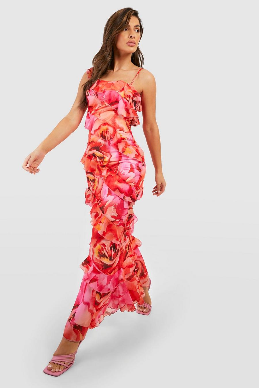 Pink Floral Ruffle Chiffon Asymmetric Maxi Dress image number 1
