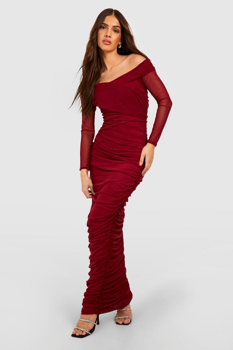 Maroon Rouched Mesh Off The Shoulder Maxi Dress