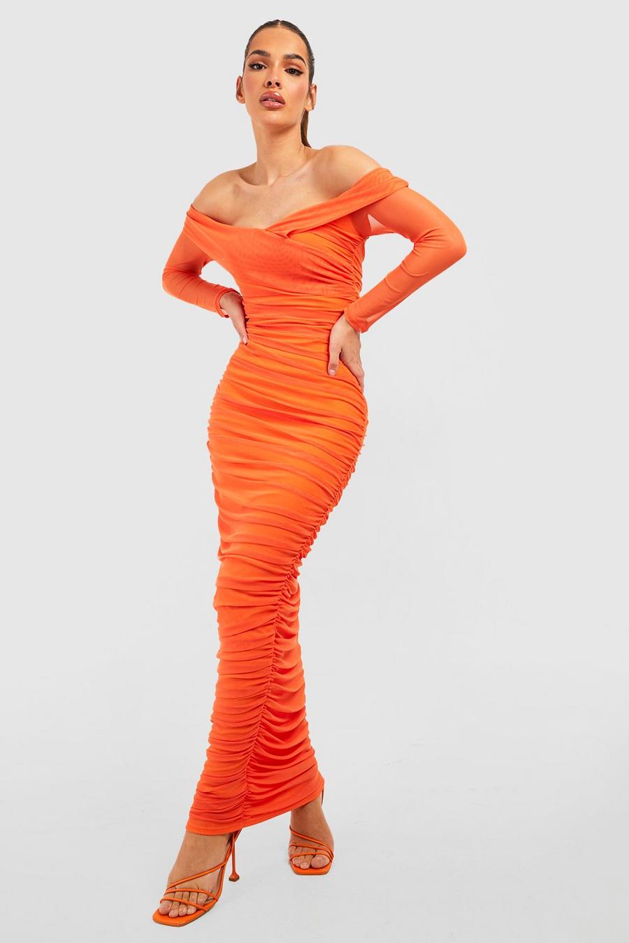 Orange Ruched Mesh Off The Shoulder Maxi Dress