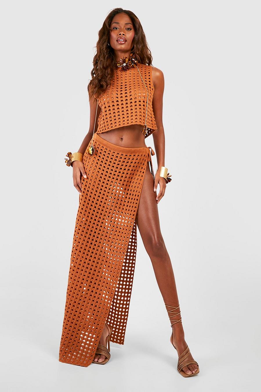 Terracotta Thigh Split Crochet Maxi Skirt image number 1