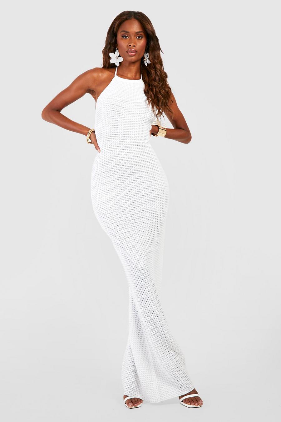 White Halter Crochet Maxi Dress