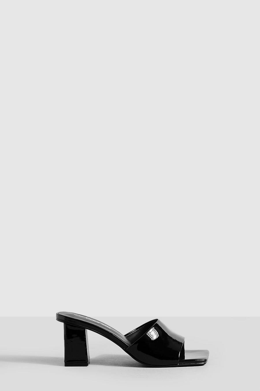 Black Patent Low Block Heeled Mules