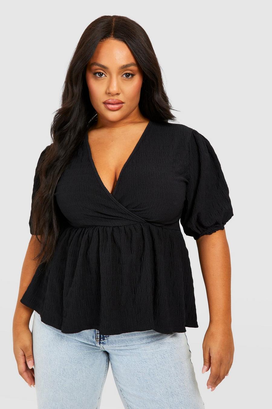 Plus Textured Puff Sleeve Wrap Top