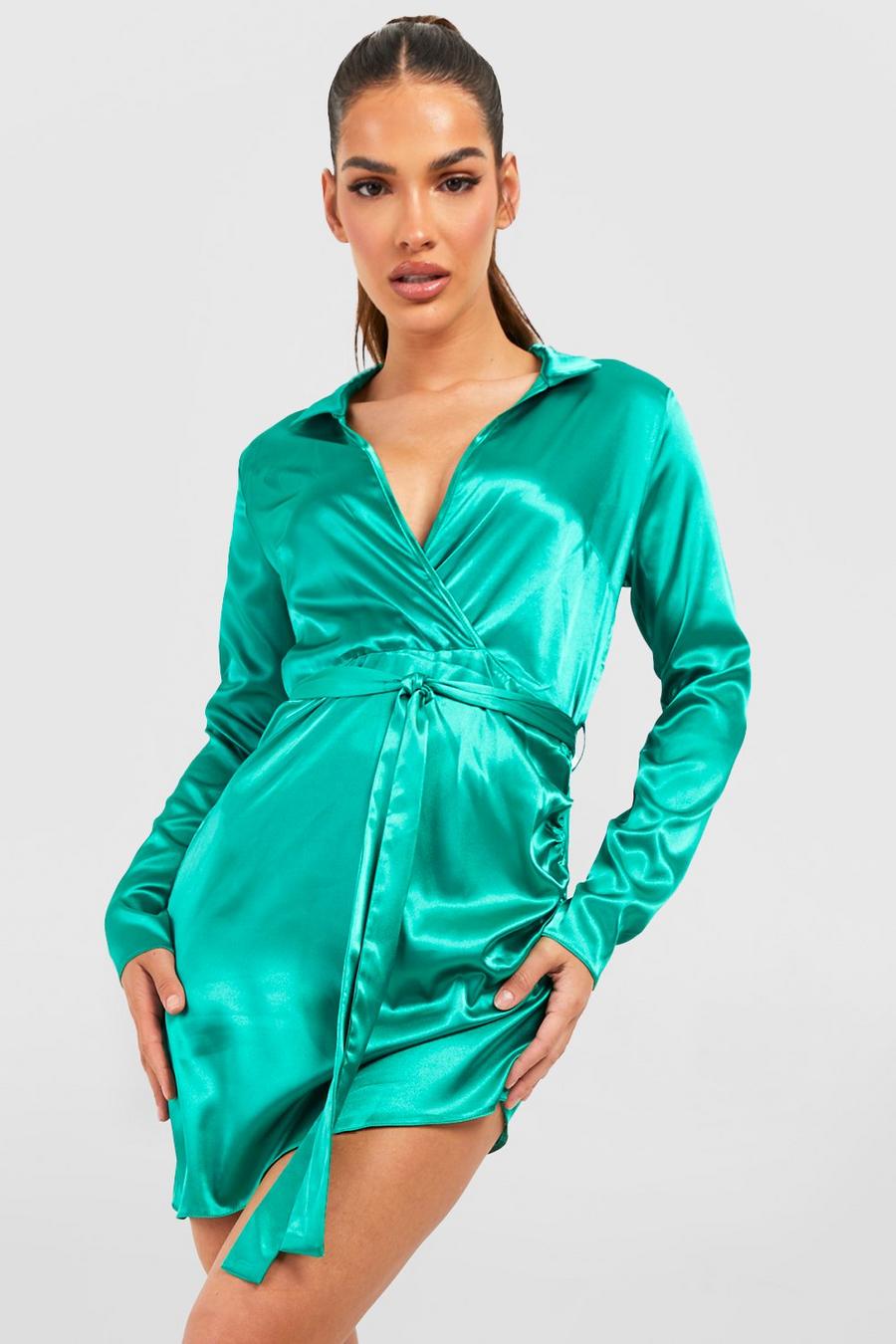Emerald Satin Wrap Detail Dress