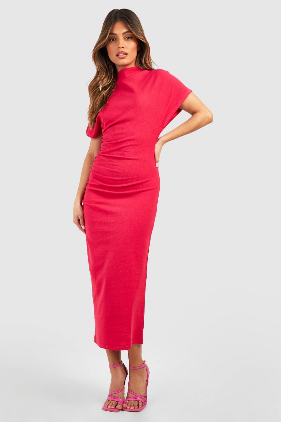 Magenta High Neck Ruched Front Crepe Midi Dress