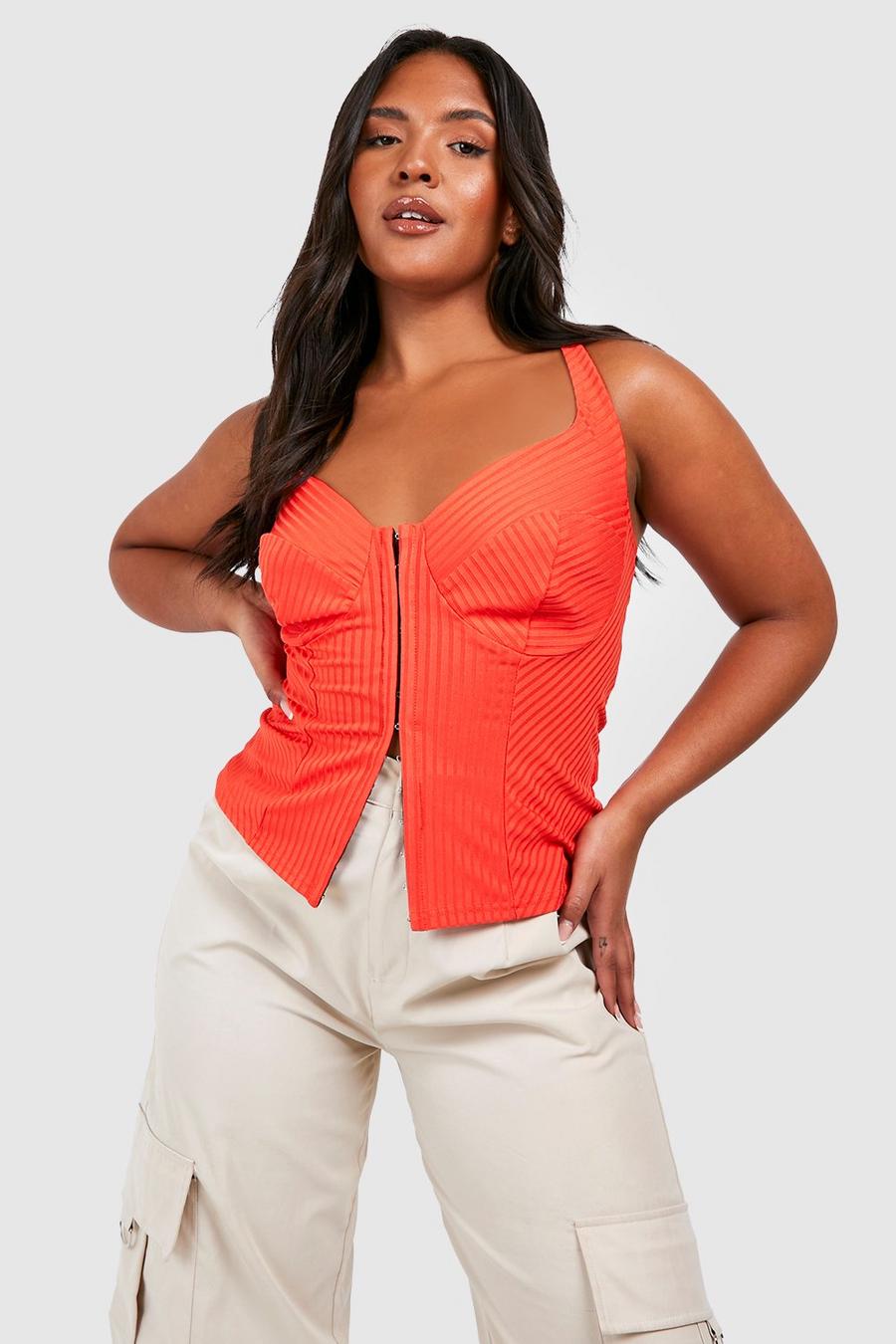 Top a corsetto Plus Size smanicato a coste con asole e gancetti, Orange