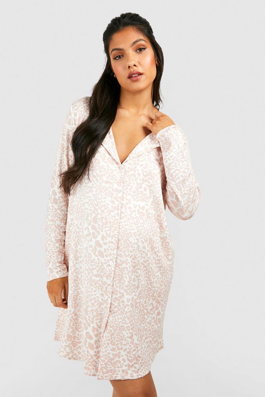 Pink Maternity Leopard Button Down Nightgown