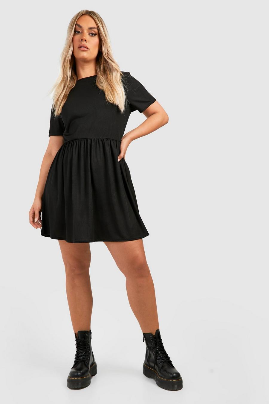 Black Plus Basic Rib Short Sleeve Skater Dress