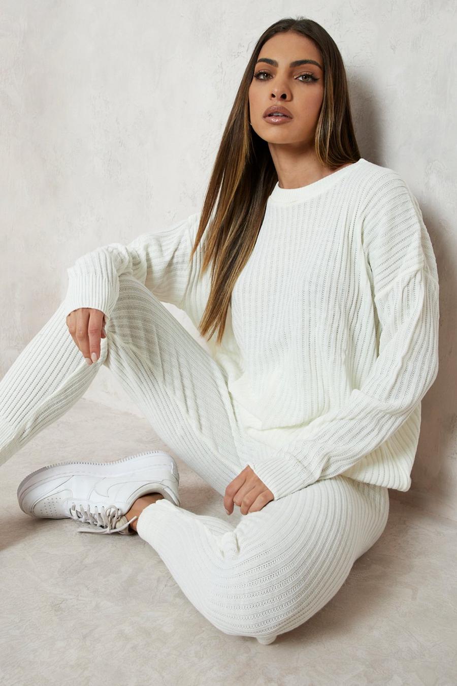 Ivory Slouchy Rib Knitted Tracksuit