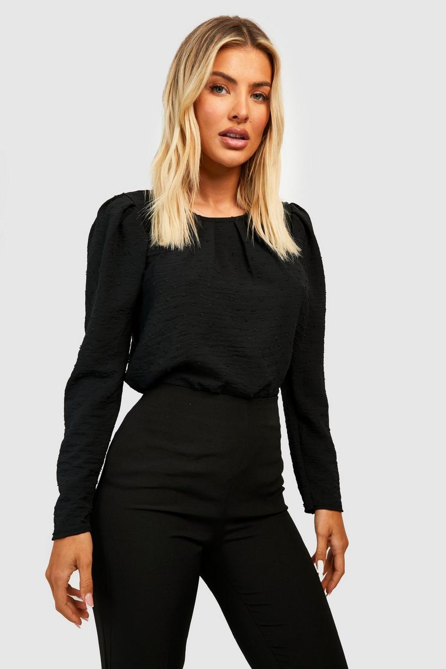 Black Dobby Pleat Front Woven Blouse