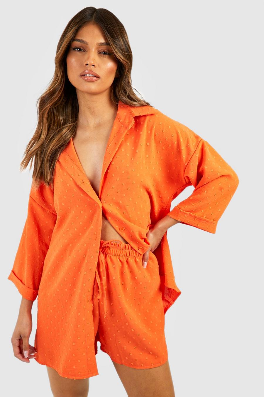 Orange Oversized Platgeslagen Dobby Overhemd En Shorts Set
