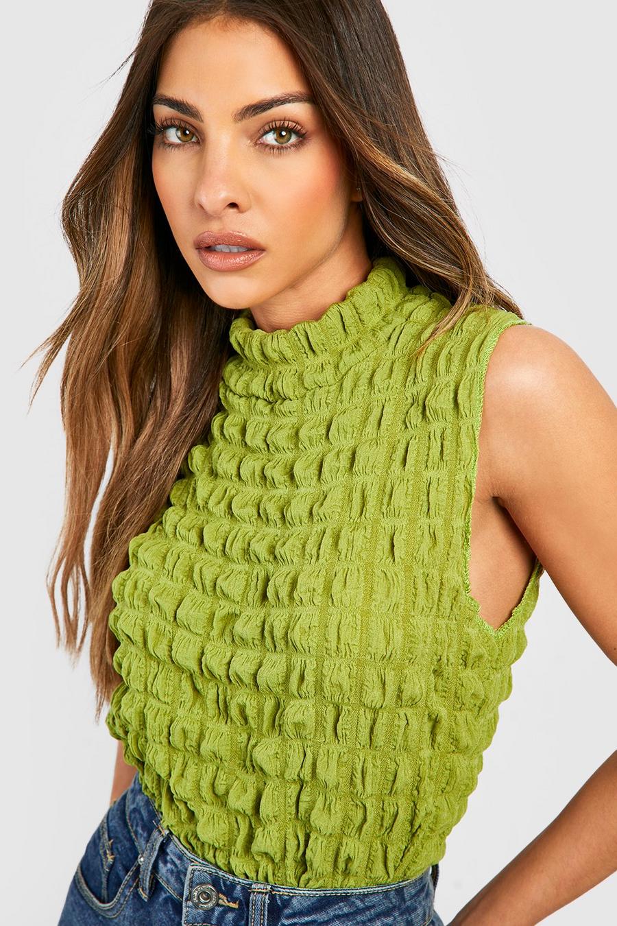 Olive Bubble Jersey Knit High Neck Top