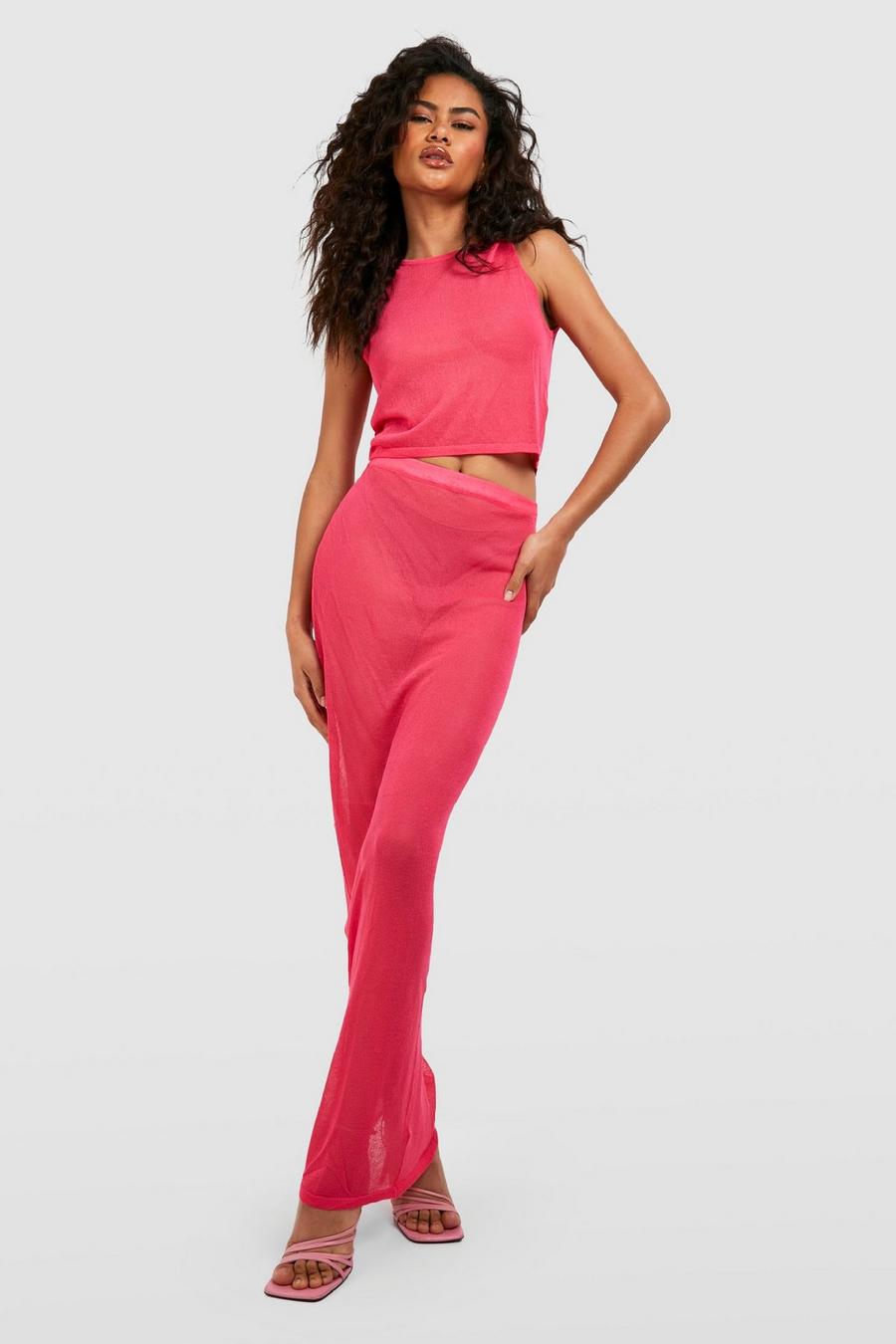 Hot pink Sheer Fine Gauge Crop Top And Maxi Skirt Set
