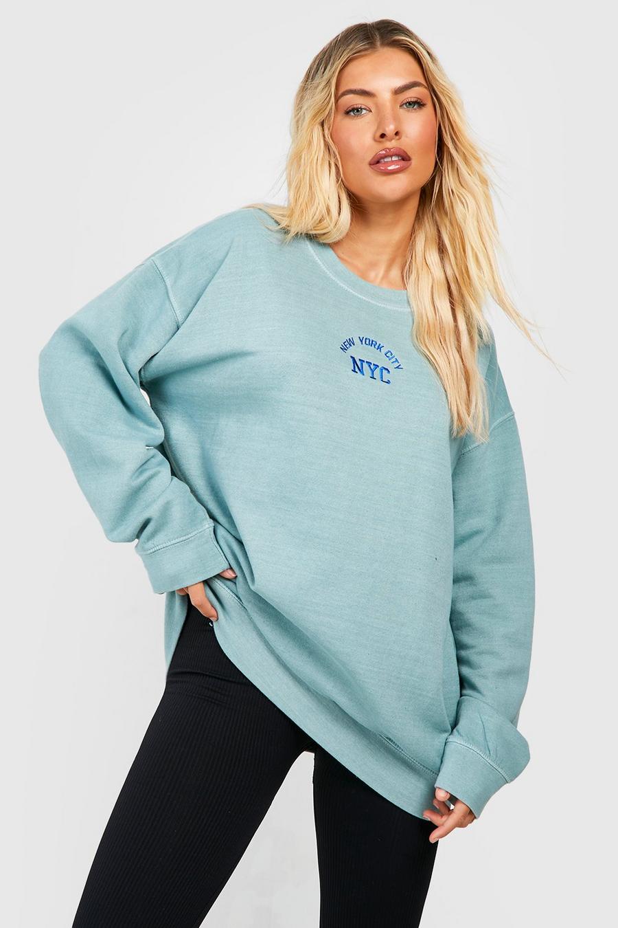 Blue Nyc Slogan Embroidered Overdyed Sweatshirt 