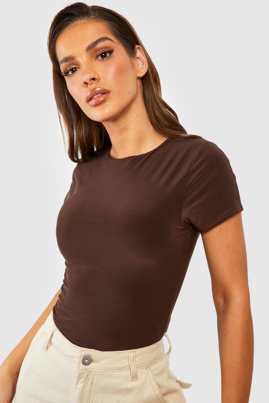 Chocolate Double Layer Slinky Short Sleeve Crew Neck Fitted Top