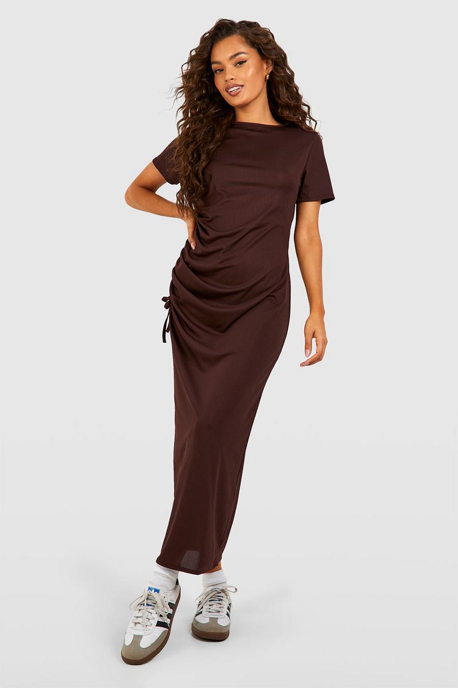 Geripptes gerafftes Oversize T-Shirt-Kleid, Chocolate