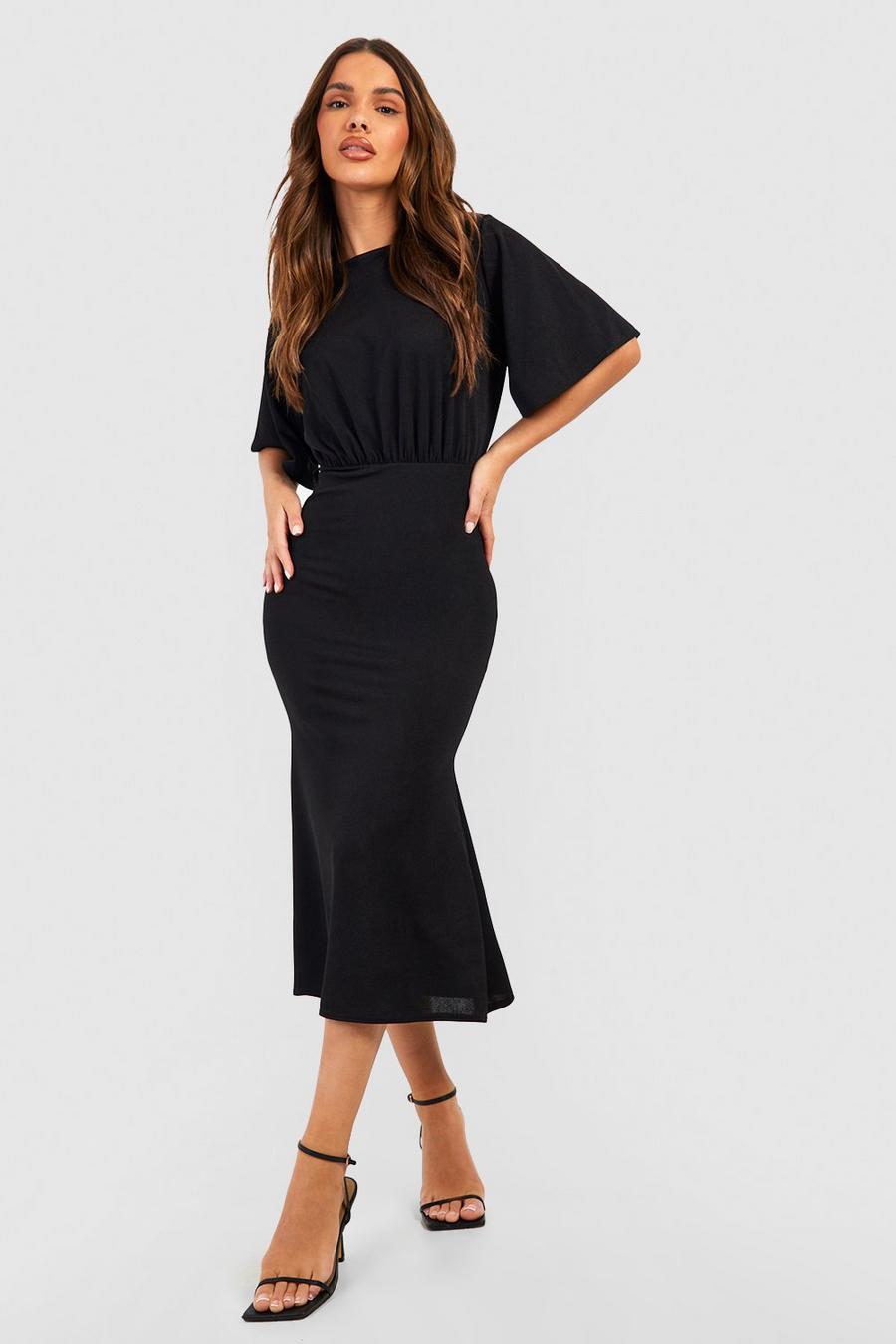 Black Fishtail Ruched Midi Dress