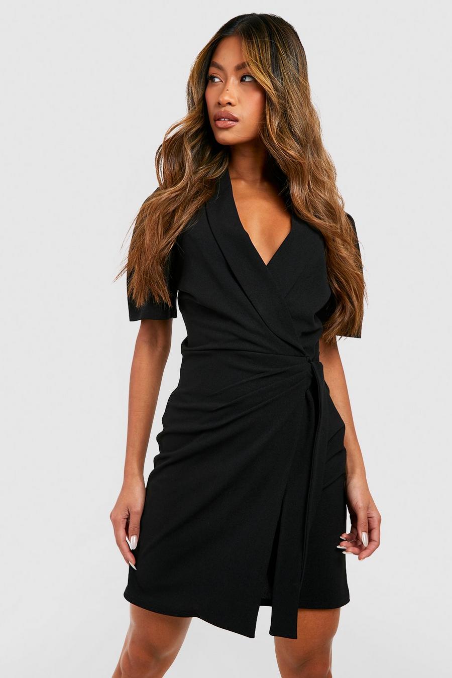 Black Short Sleeve Side Tie Blazer Dress