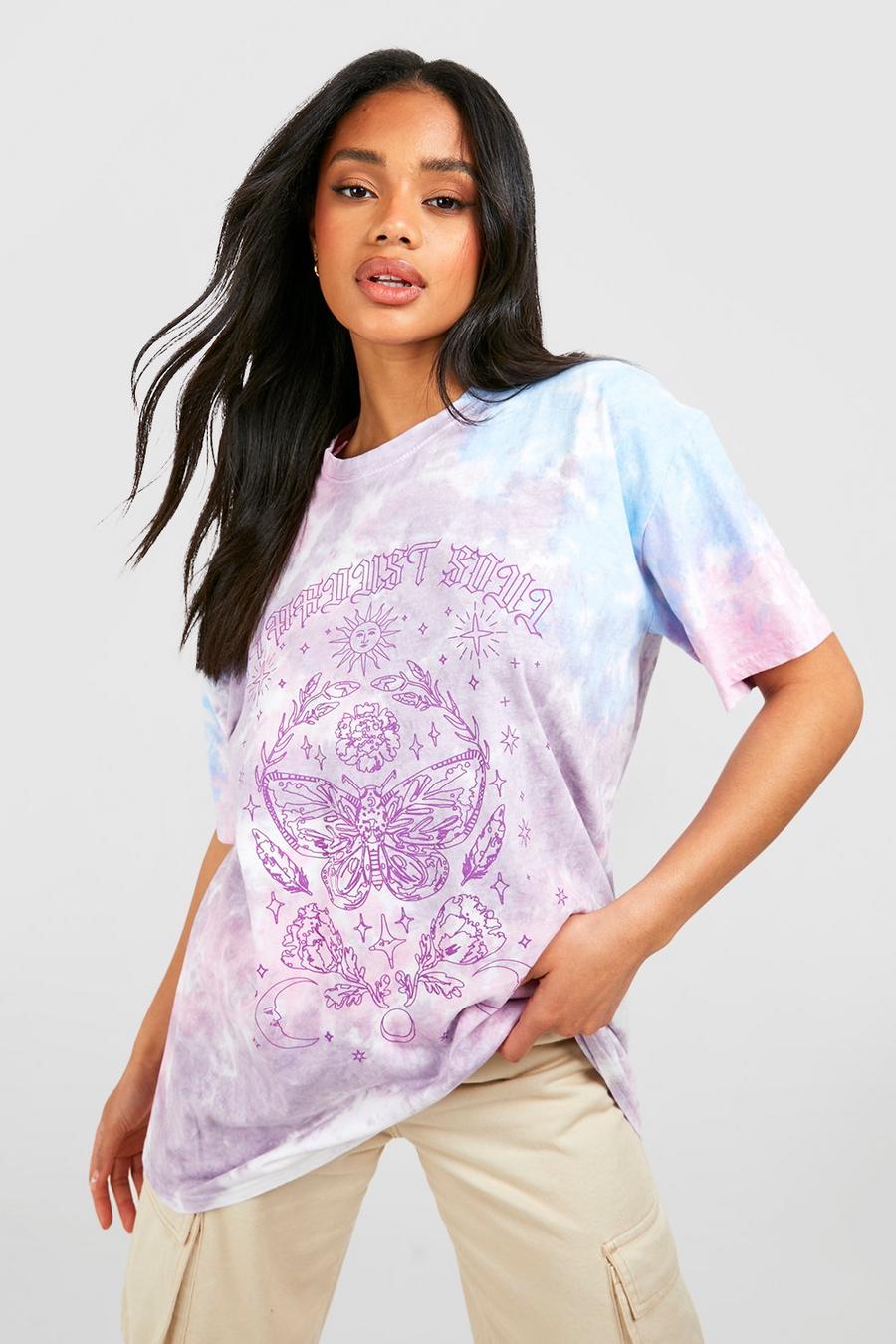 T-shirt oversize in fantasia tie dye con stampa di farfalle celesti, Lilac